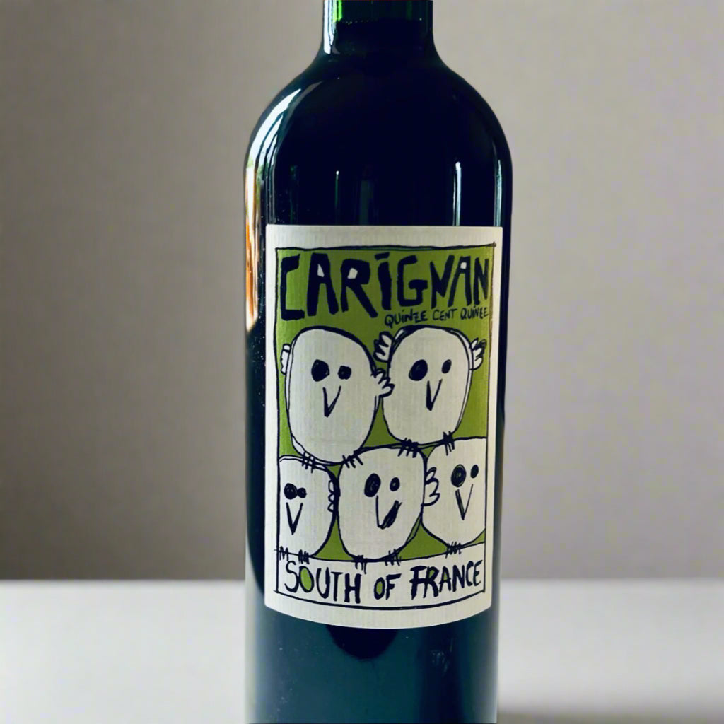 A bottle of red wine with a unique label featuring playful illustrated bird characters and the text "Carignan" and "South of France."

