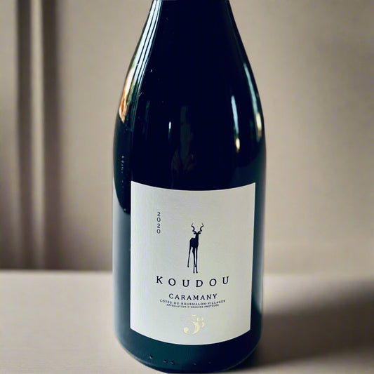 Bottle of Clos 58 Koudou 2020 organic Syrah-Carignan red wine from Roussillon, featuring minimalist label with a silhouette of a kudu.