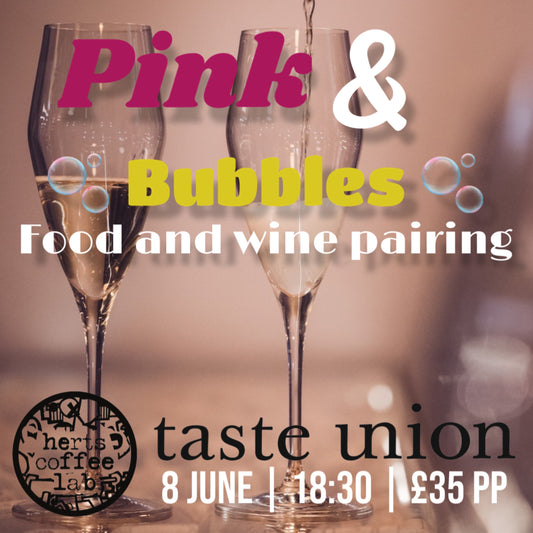 Champagne glasses at Taste Union’s Pink & Bubbles wine tasting at Hertford Coffee Lab – food and wine pairing event in Hertfordshire on 8 June