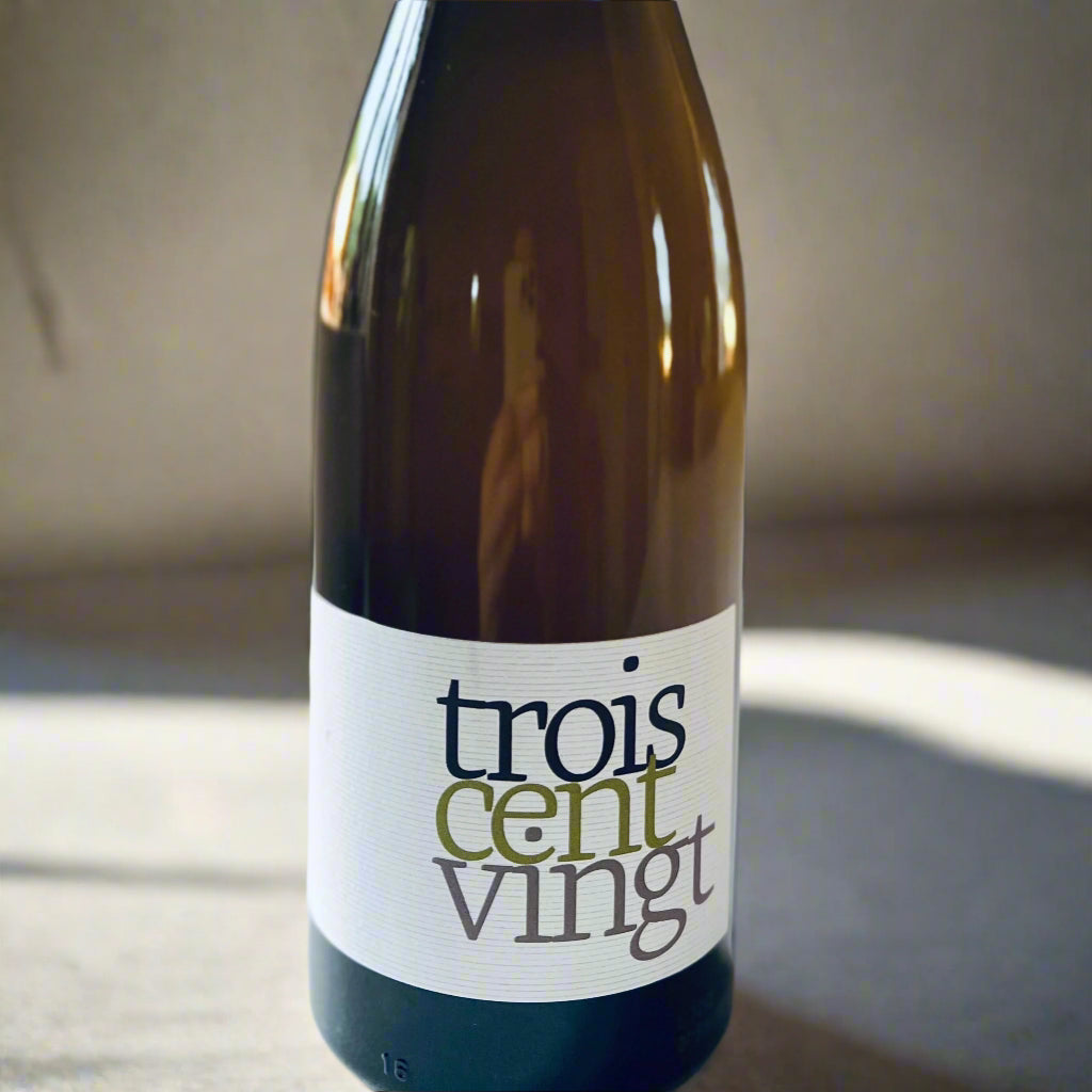 Bottle of Domaine Pion Trois Cent Vingt 2021, a natural cloudy white wine made from Marsanne grapes, with a minimalist white and green label.